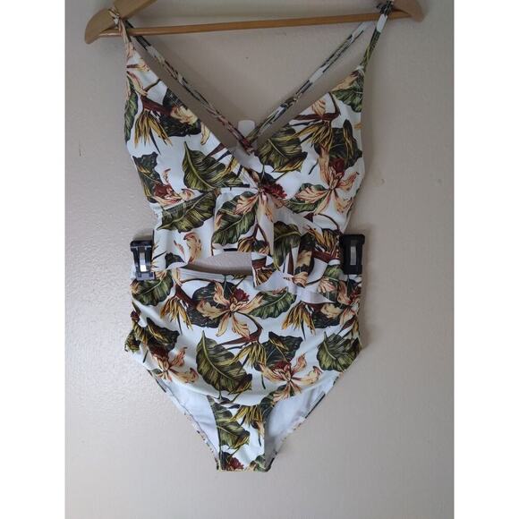 Unbranded 2 Pc. Swimsuit Leaf Floral Ruffle Neck Crisscross Back Green Sz L... - Picture 1 of 10